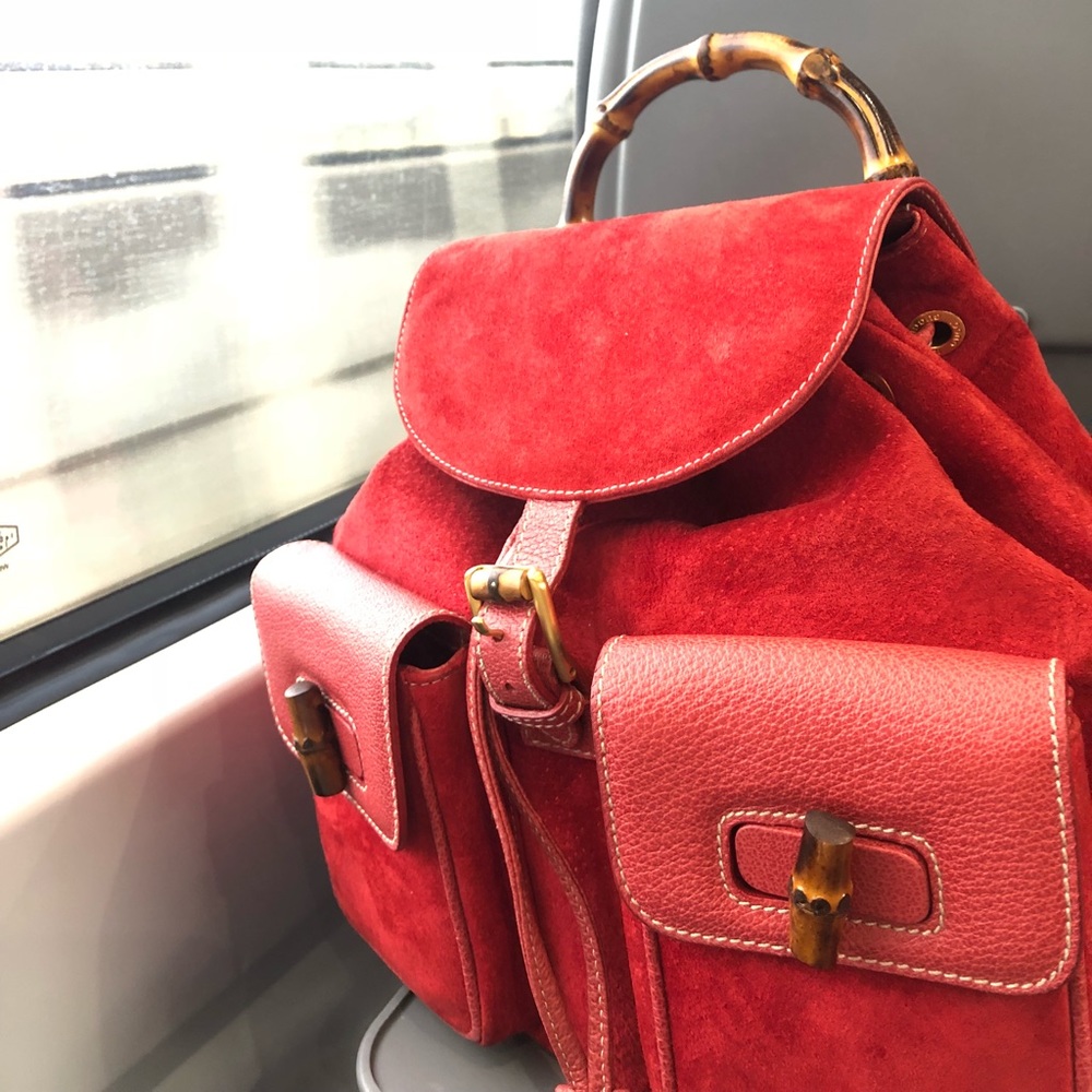 Gucci Red Suede & Leather Bamboo Turnlock Backpack